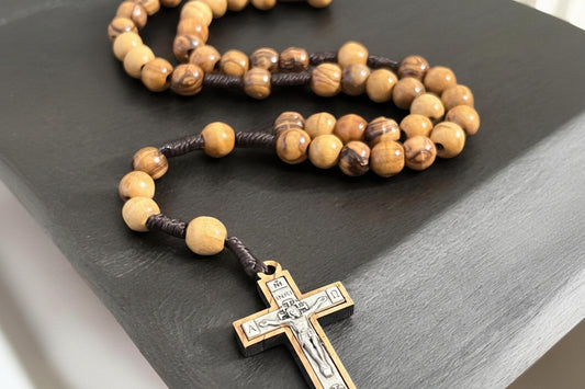 Olive Wood Rosary with Metal Cross Pendant, Christmas Gift