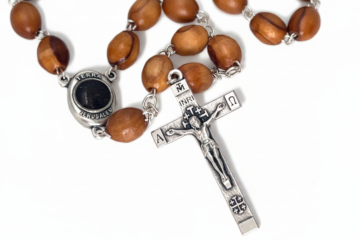 Olive Wood Catholic Rosary, Bethlehem Holy Land Gift,Wooden Prayer Beads with Soil