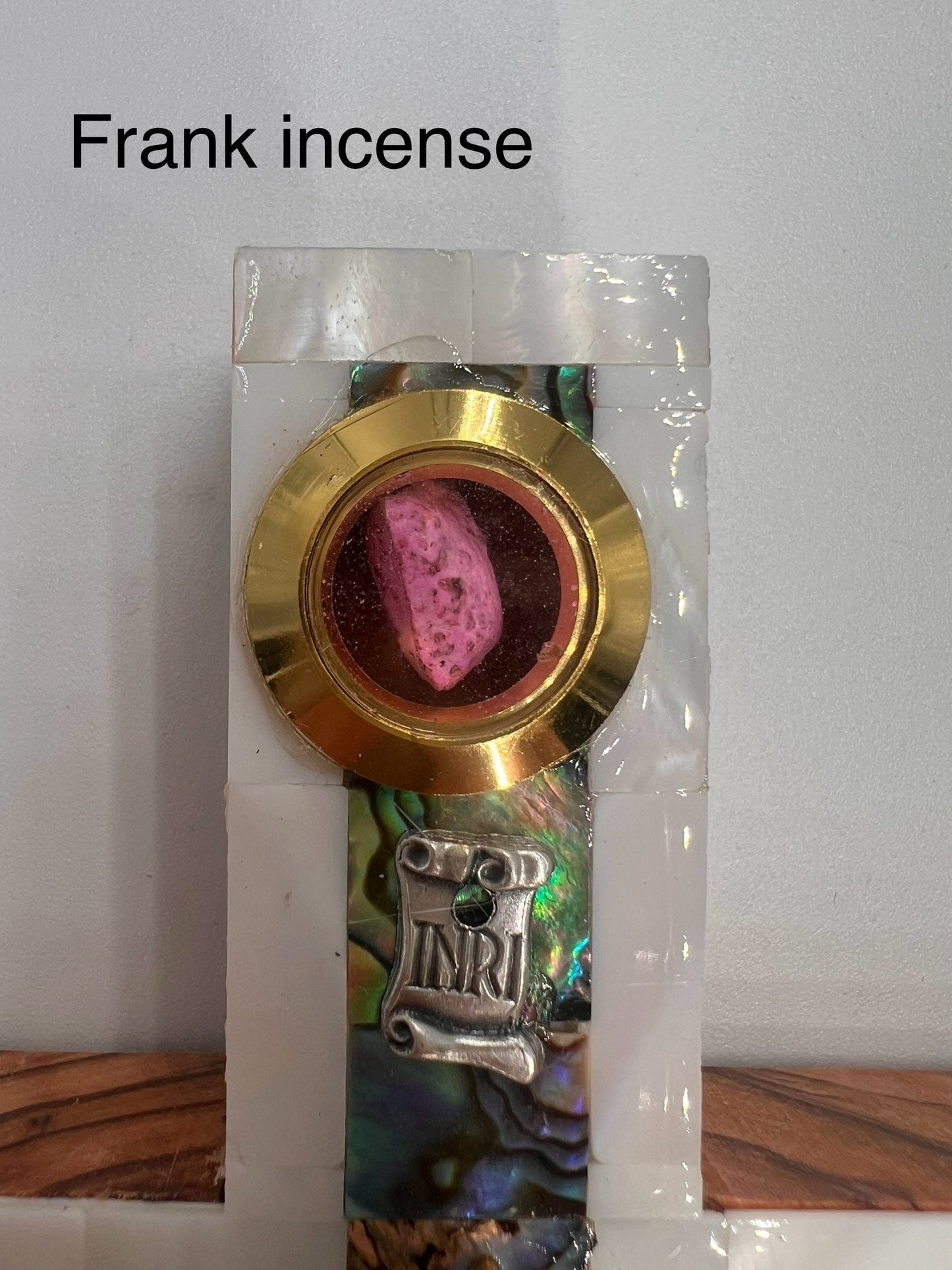 Mother of Pearl Crucifix: Olive Wood Wall Cross with Holy Land Relics