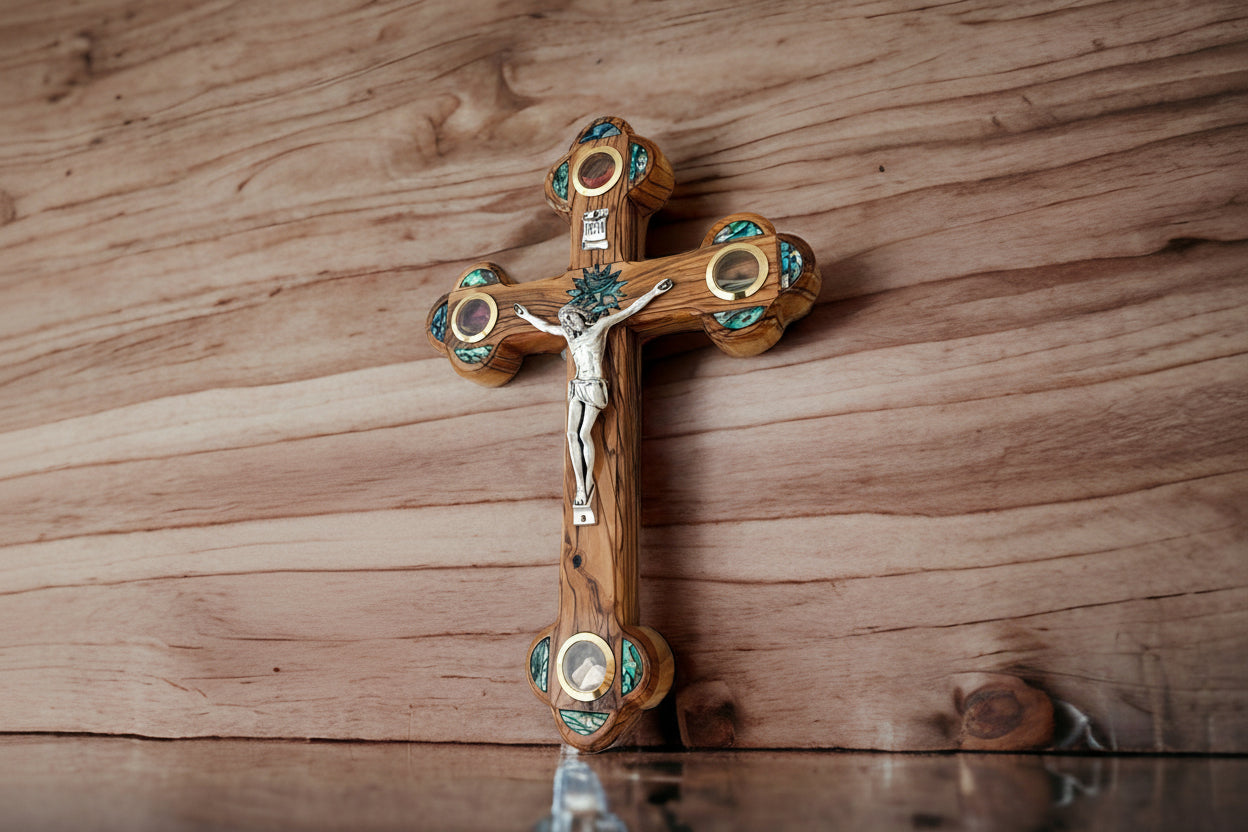 Olive Wood Cross: Mother of Pearl Inlay, Holy Land Relics