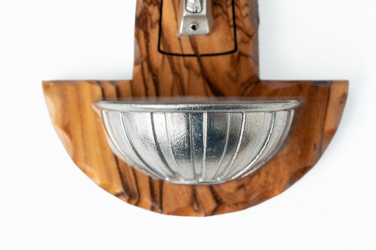 Handmade Olive Wood Crucifix with Holy Water Holder, Religious Gift