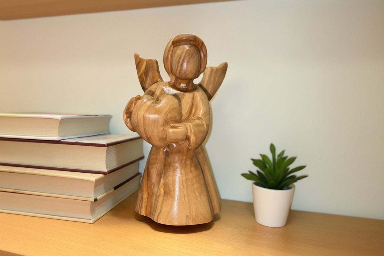 Olive Wood Angel Figurine: Hand Carved Holy Land Statue