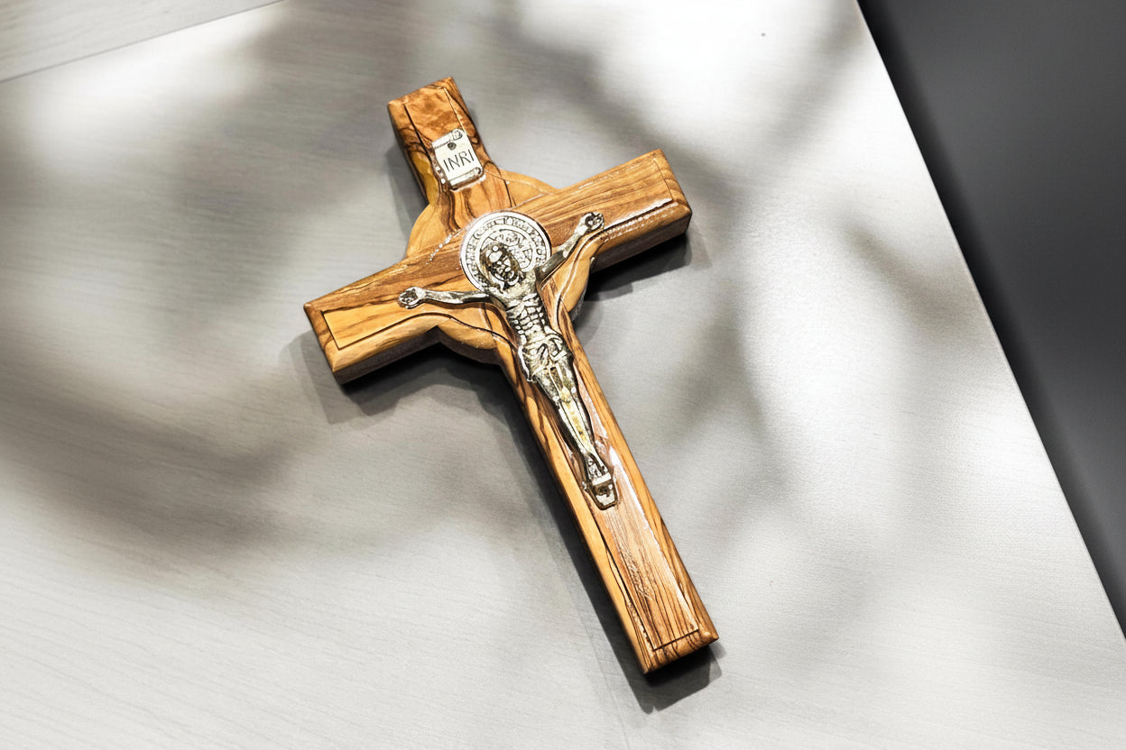 St. Benedict Olive Wood Cross, Catholic Christmas Gift, Hand-Made Religious Decor, Holy Land Crucifix.