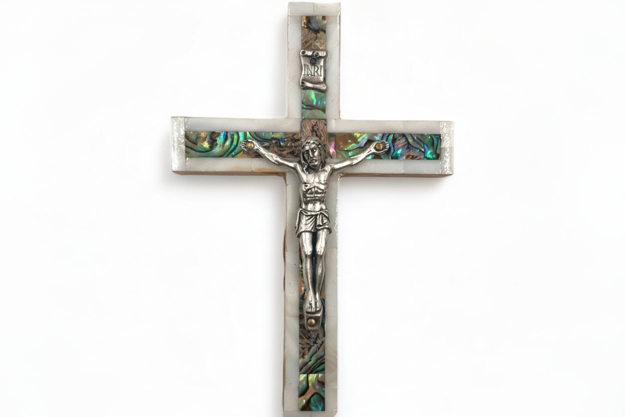 Olive Wood Cross Wall Crucifix Covered with Mother of Pearl Religious Gift Christmas Decoration Spirit Cross Christmas Gift Wood Carving