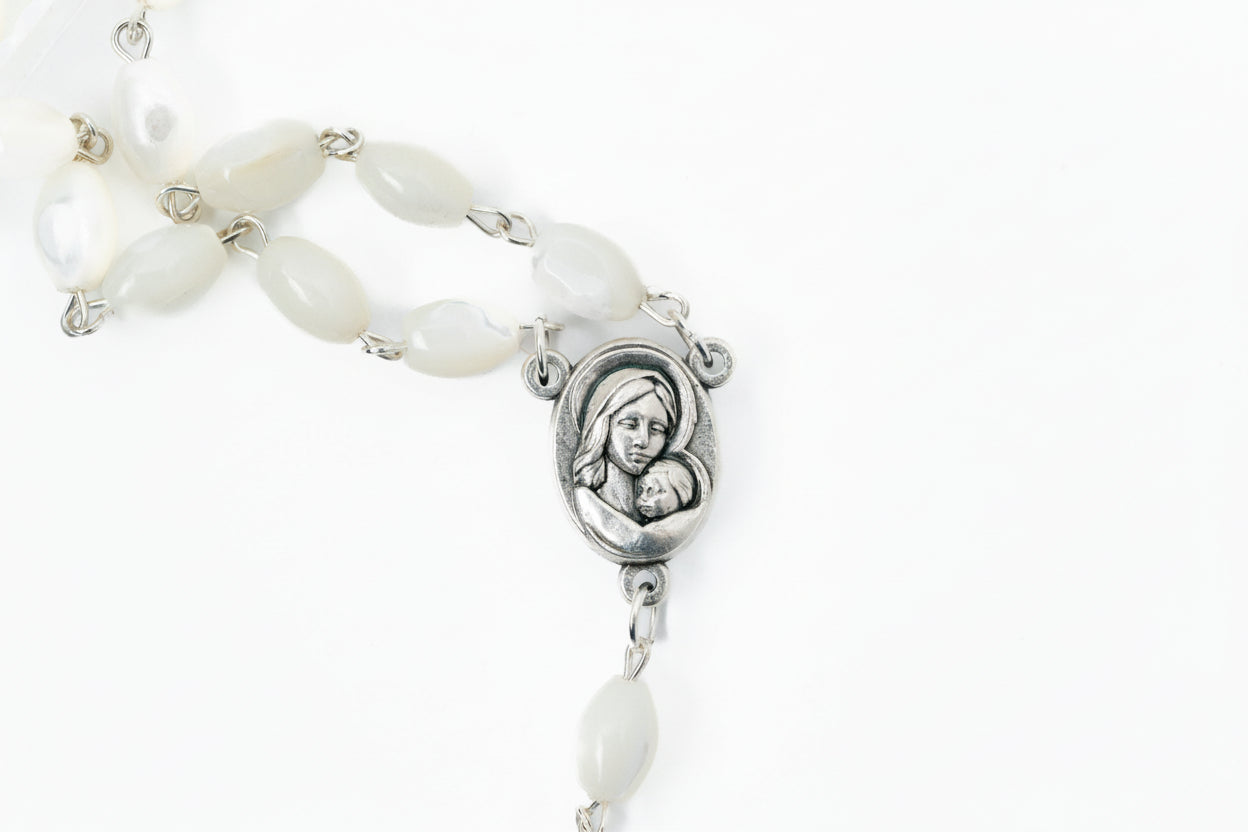 Pearl Rosary Bead Necklace Catholic Gift Mother of Pearl Beads Necklace Catholic Jewelry Traditional Catholic Wedding Gift Catholic Rosary