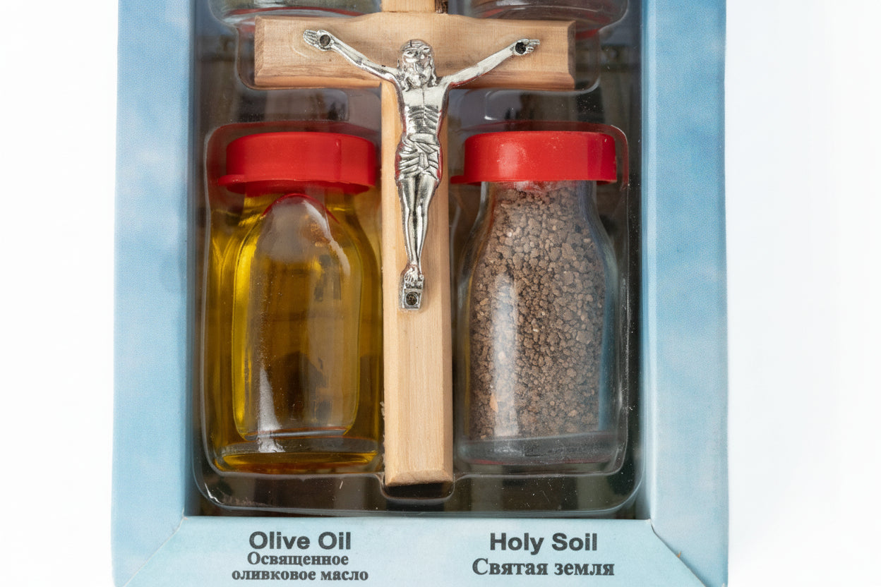 Holy Land Gift Set: Olive Wood Cross, Soil, Water, Oil, Incense