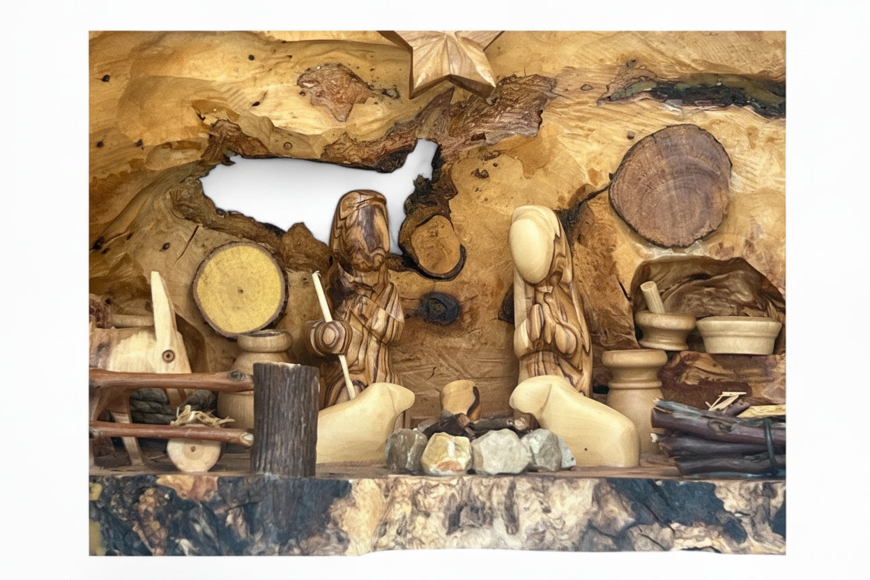 Wooden Nativity set I Manger carved inside of Olive wood Branch,  Manger Decor.