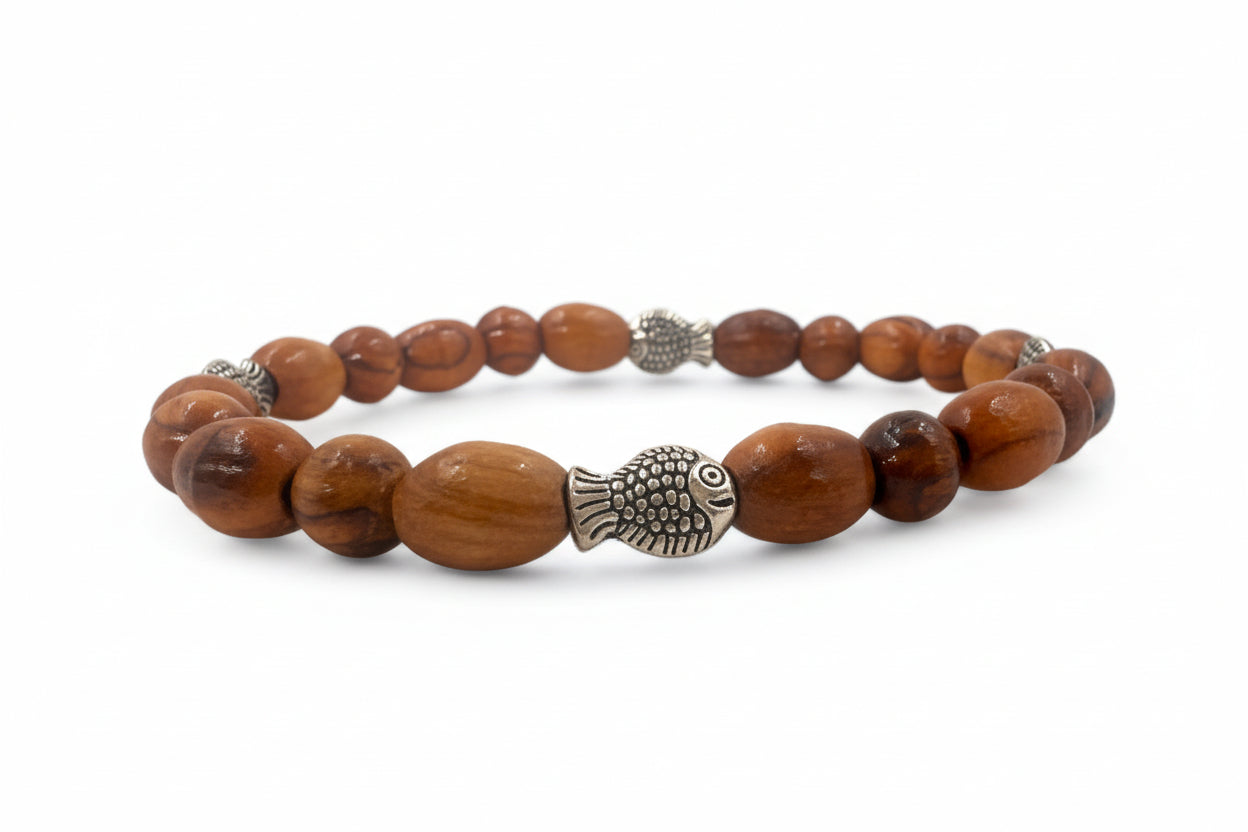 Jesus Fish Olive Wood Bead Bracelet - Christian Bracelet from the Holy Land.