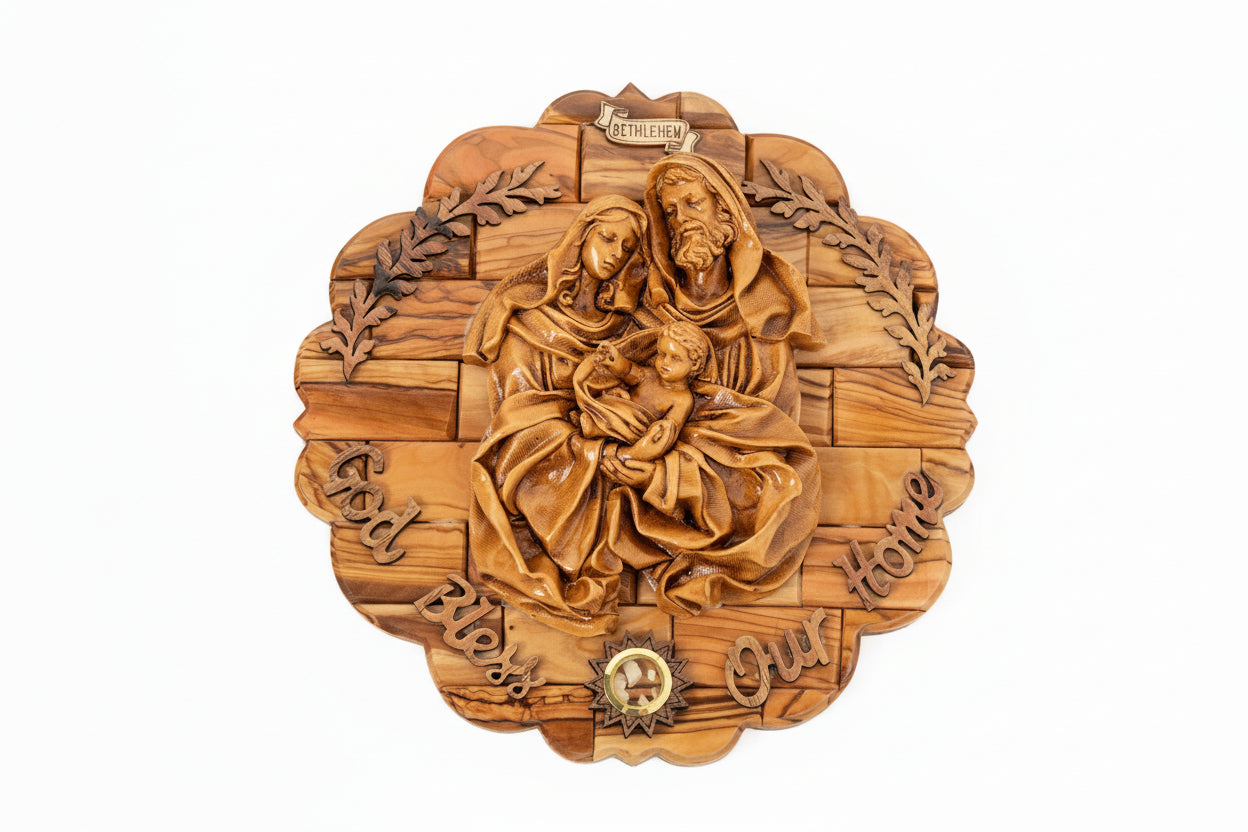 Holy Family Plaque, Handmade Olive Wood, Religious Home Decor