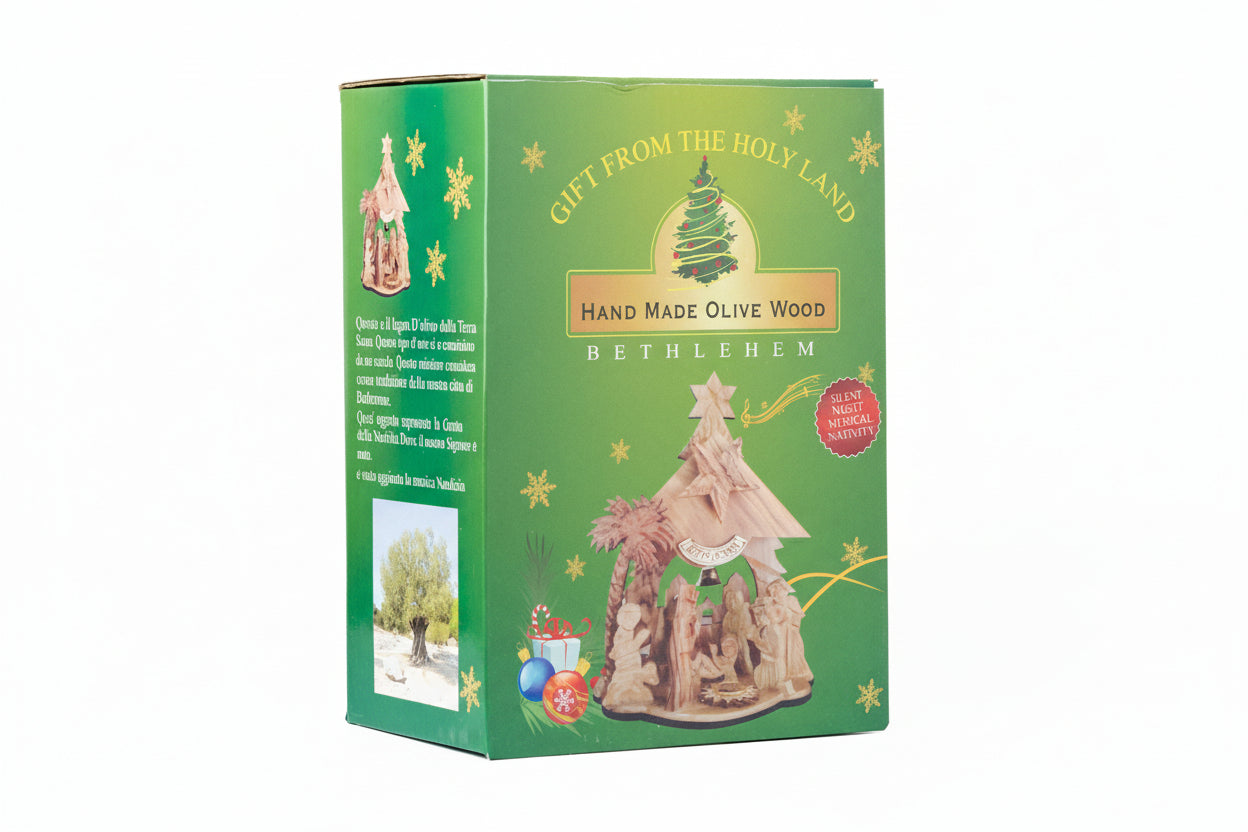 Hand Carved Olive Wood Nativity Set, Silent Night Music Box