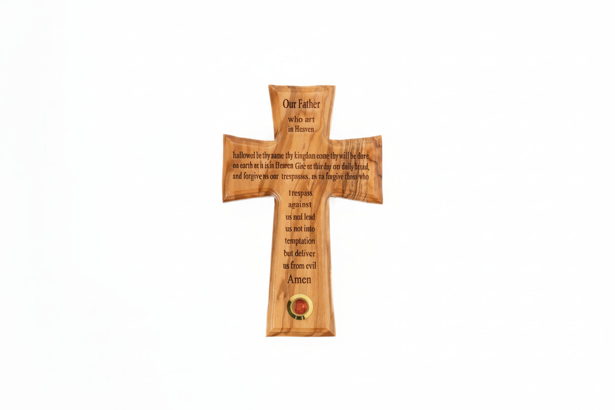 Olive Wood Cross with Lord's Prayer, Holy Water Holder