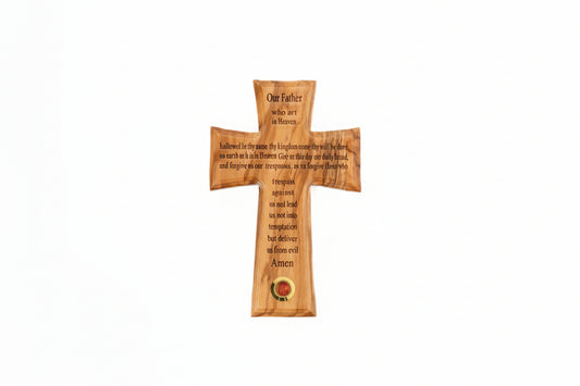 Olive Wood Cross with Lord's Prayer, Holy Water Holder