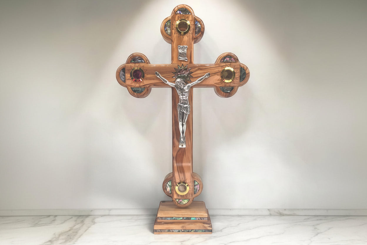 Handmade Holy Land Standing Crucifix, Mother of Pearl Inlay, Olive Wood Catholic Gift.