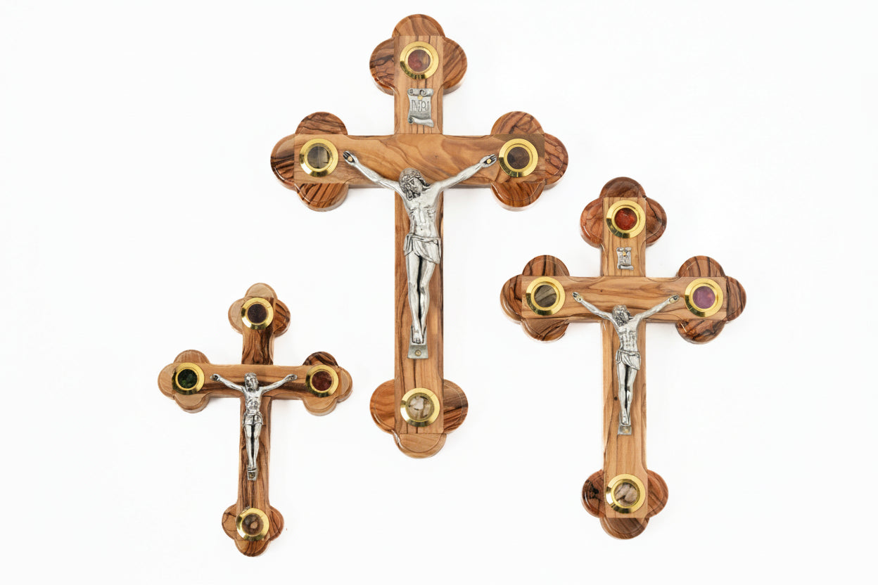 Handmade Olive Wood Crucifix: Jerusalem Holy Land Cross with Relics