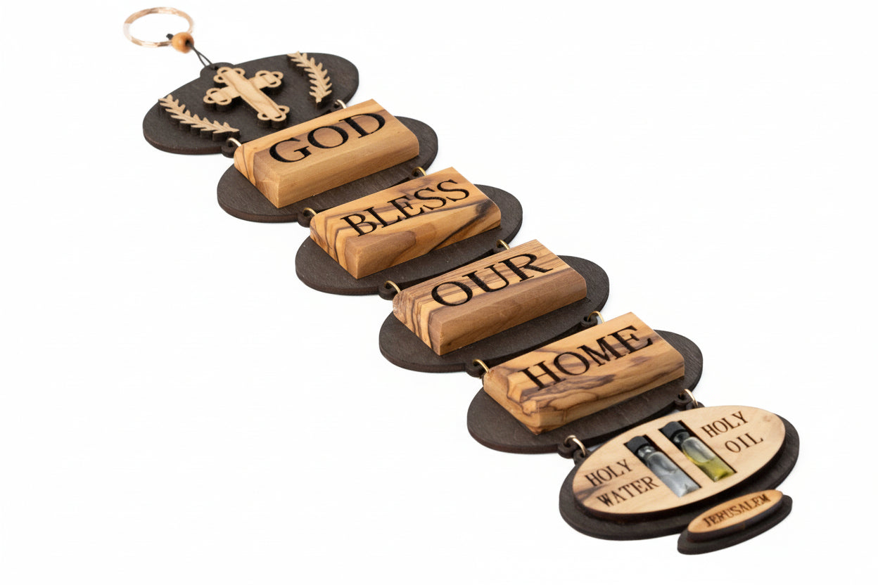 Olive Wood 'God Bless Our Home' Wall Hanging with Holy Water
