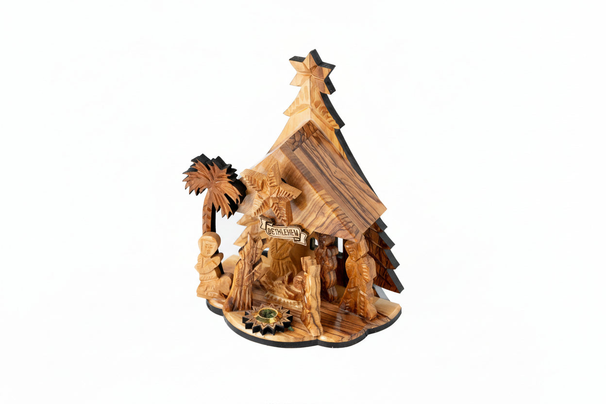 Hand Carved Olive Wood Nativity Set, Silent Night Music Box
