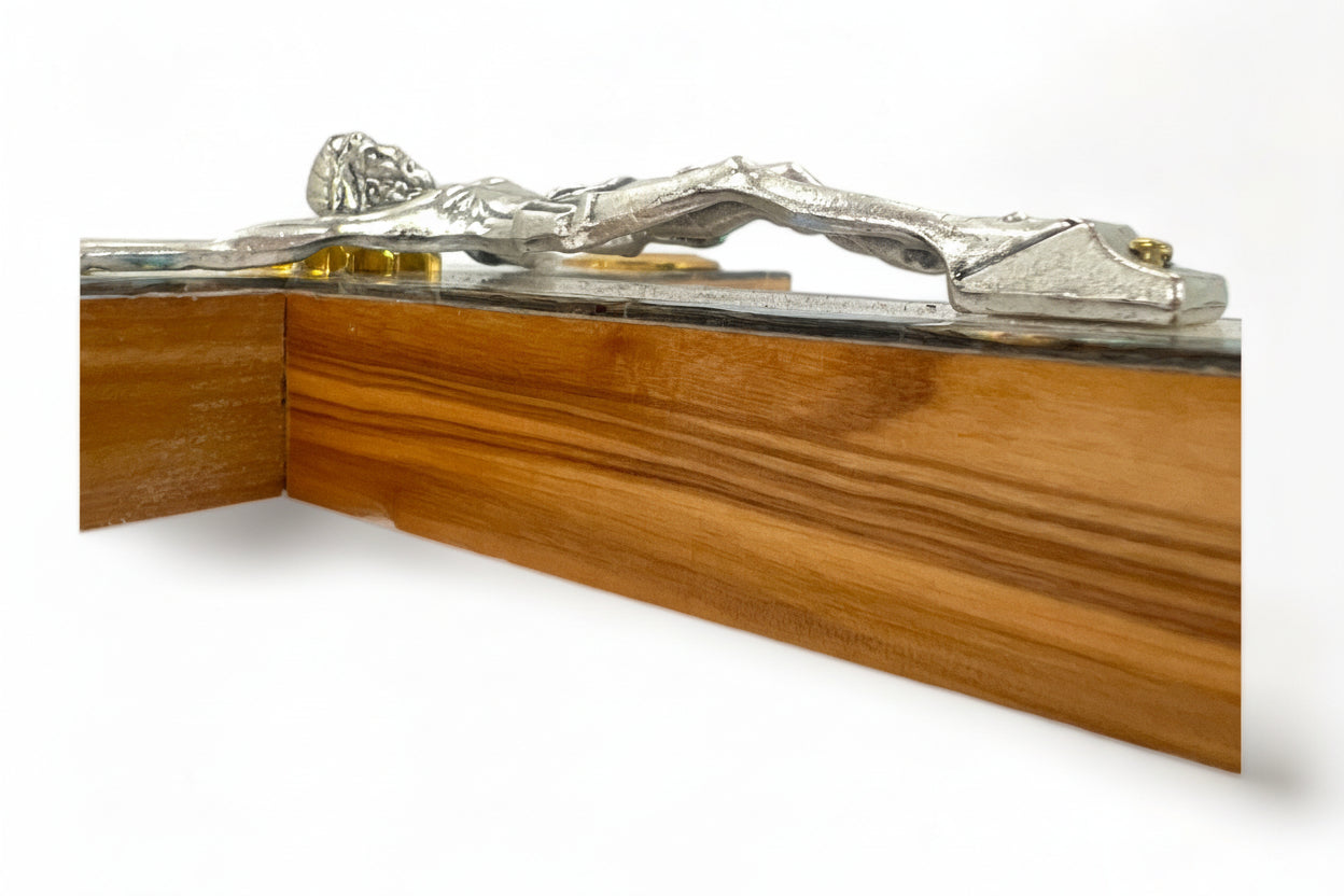Mother of Pearl Crucifix: Olive Wood Wall Cross with Holy Land Relics