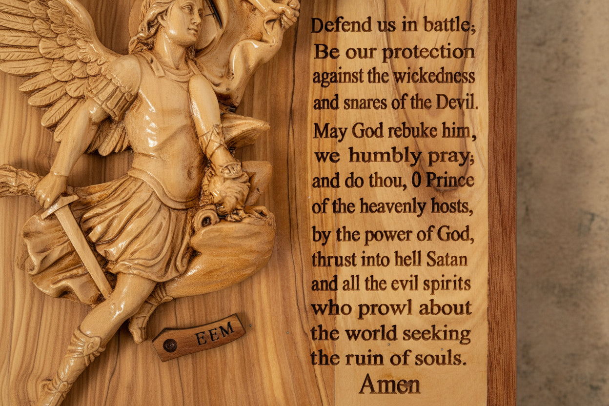 St. Michael Archangel Olive Wood Icon, Christian Wall Art, Holy Land Gift (12x8.5 in)