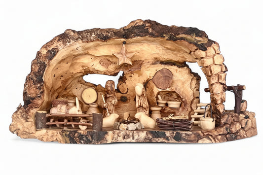 Wooden Nativity set I Manger carved inside of Olive wood Branch,  Manger Decor.