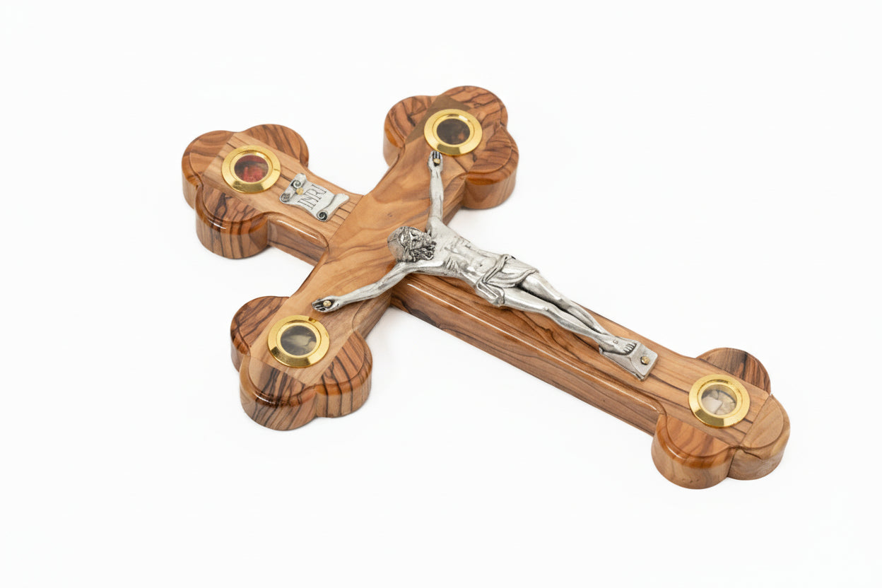 Handmade Olive Wood Crucifix: Jerusalem Holy Land Cross with Relics