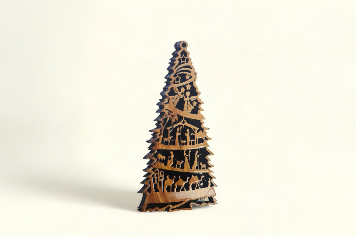 Christmas Tree Ornament Christmas Gift Olive Wood Christmas Ornaments Laser Cut Christmas Tree with Nativity Scene Christmas Gift Ideas