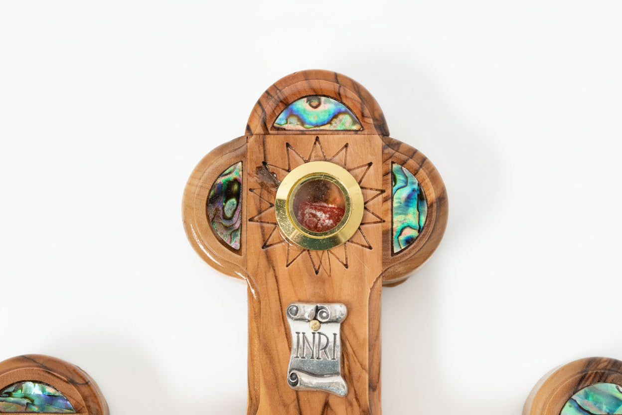 Olive Wood Cross: Mother of Pearl Inlay, Holy Land Relics