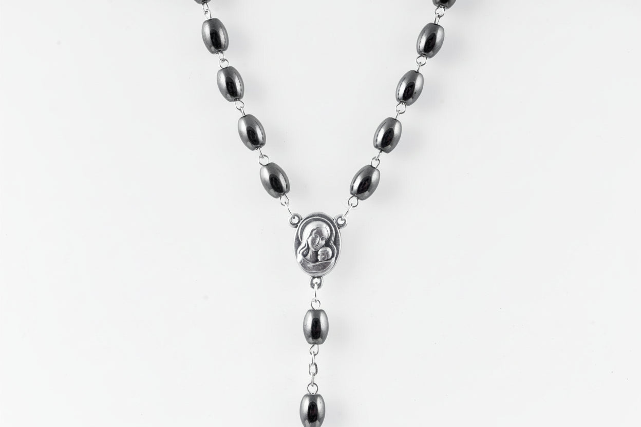 Hematite Catholic Rosary with Holy Land Soil, Jerusalem