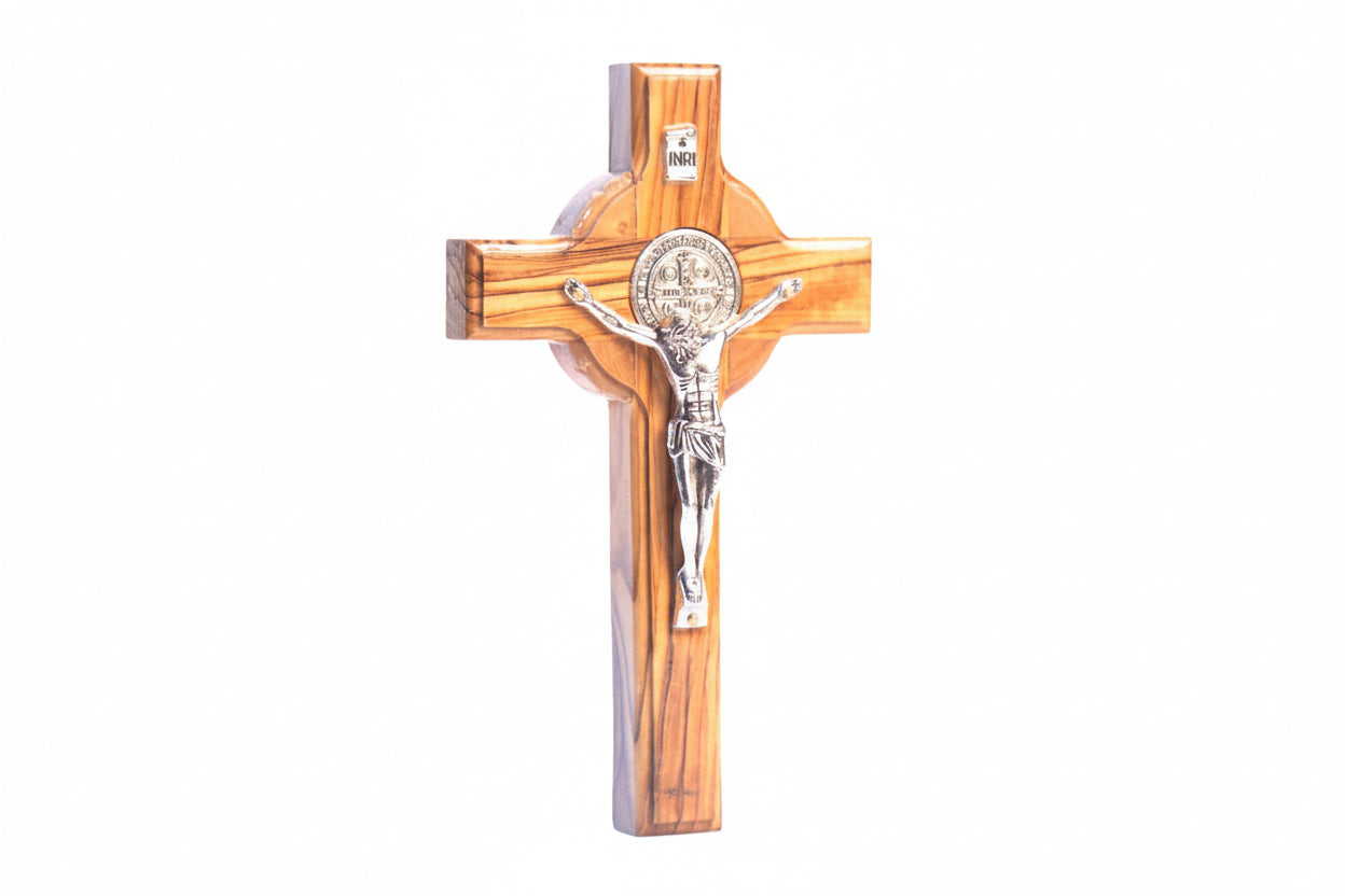St. Benedict Olive Wood Cross, Catholic Christmas Gift, Hand-Made Religious Decor, Holy Land Crucifix.