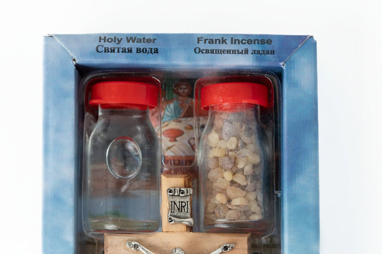 Holy Land Gift Set: Olive Wood Cross, Soil, Water, Oil, Incense