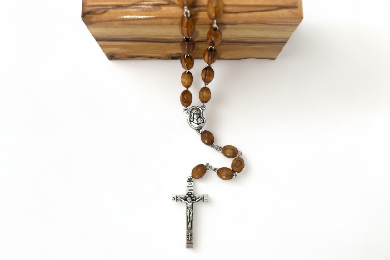 Olive Wood Catholic Rosary, Bethlehem Holy Land Gift,Wooden Prayer Beads with Soil