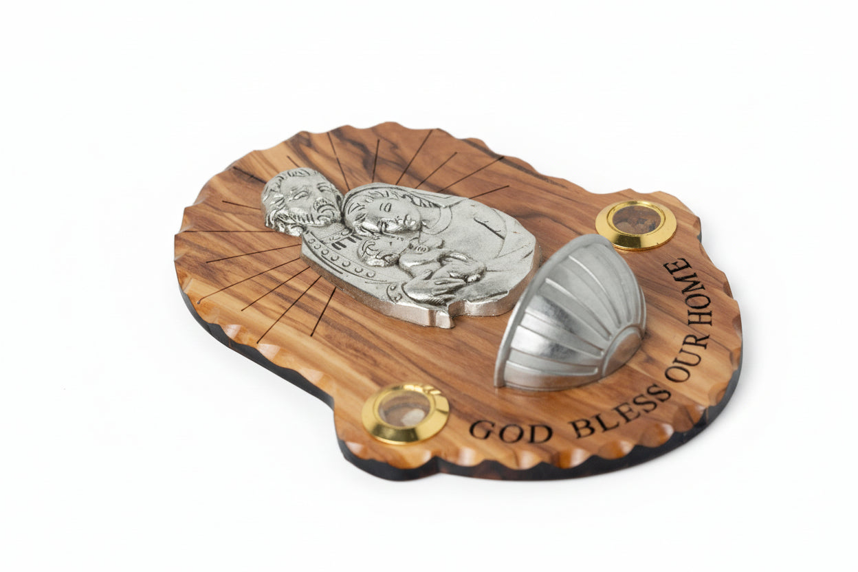 Olive Wood Holy Family Plaque with Holy Water Holder