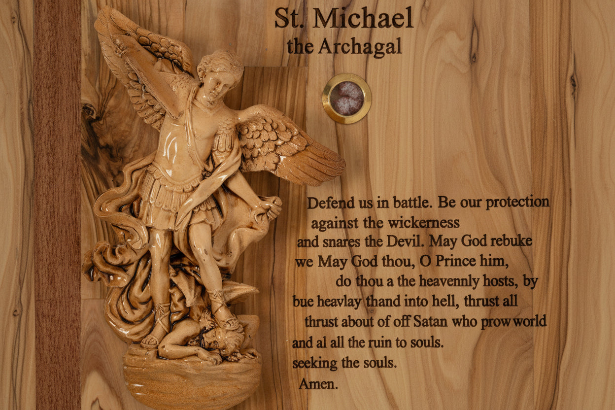 St. Michael Archangel Olive Wood Icon, Christian Wall Art, Holy Land Gift (12x8.5 in)