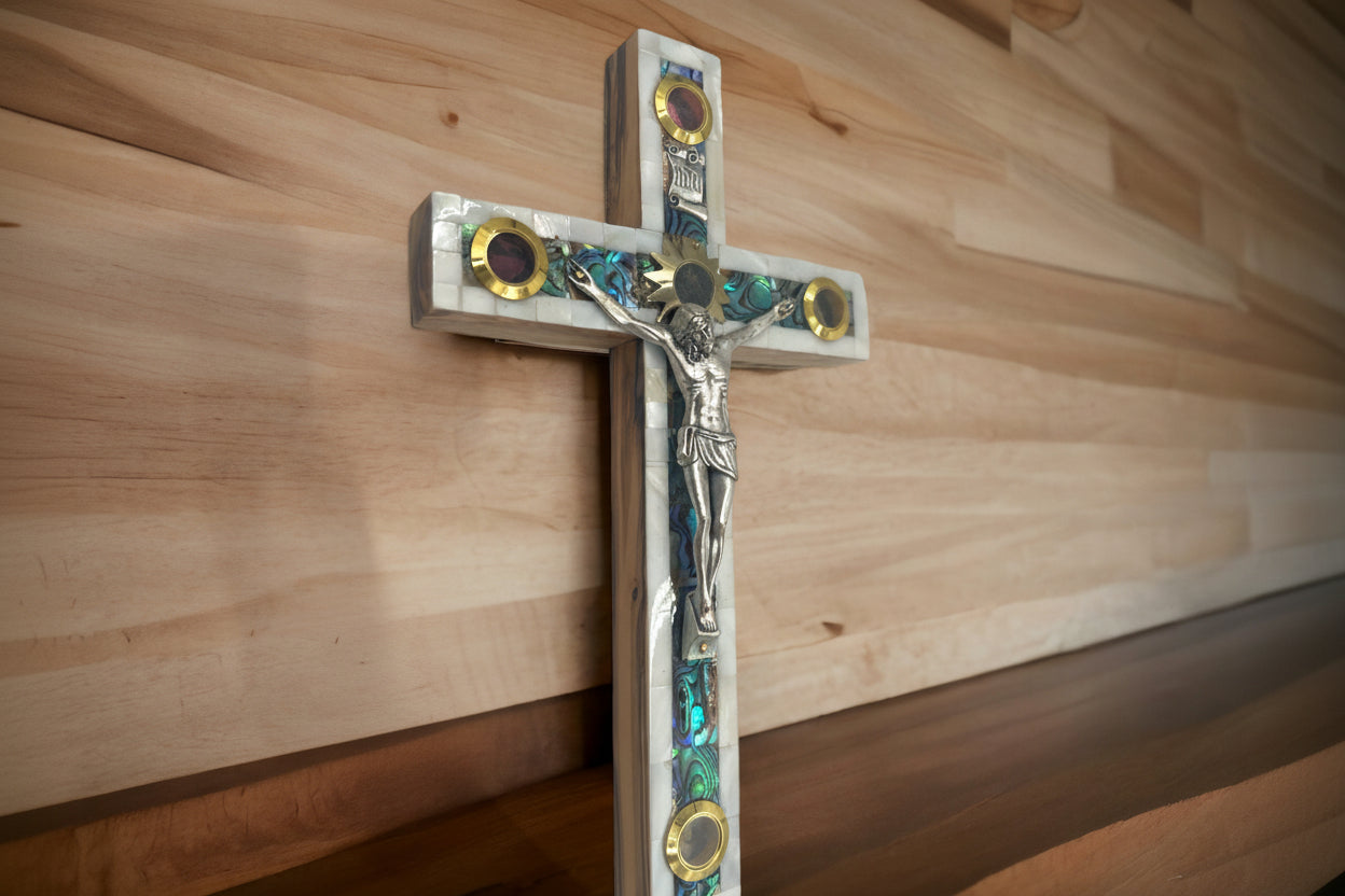 Mother of Pearl Crucifix: Olive Wood Wall Cross with Holy Land Relics
