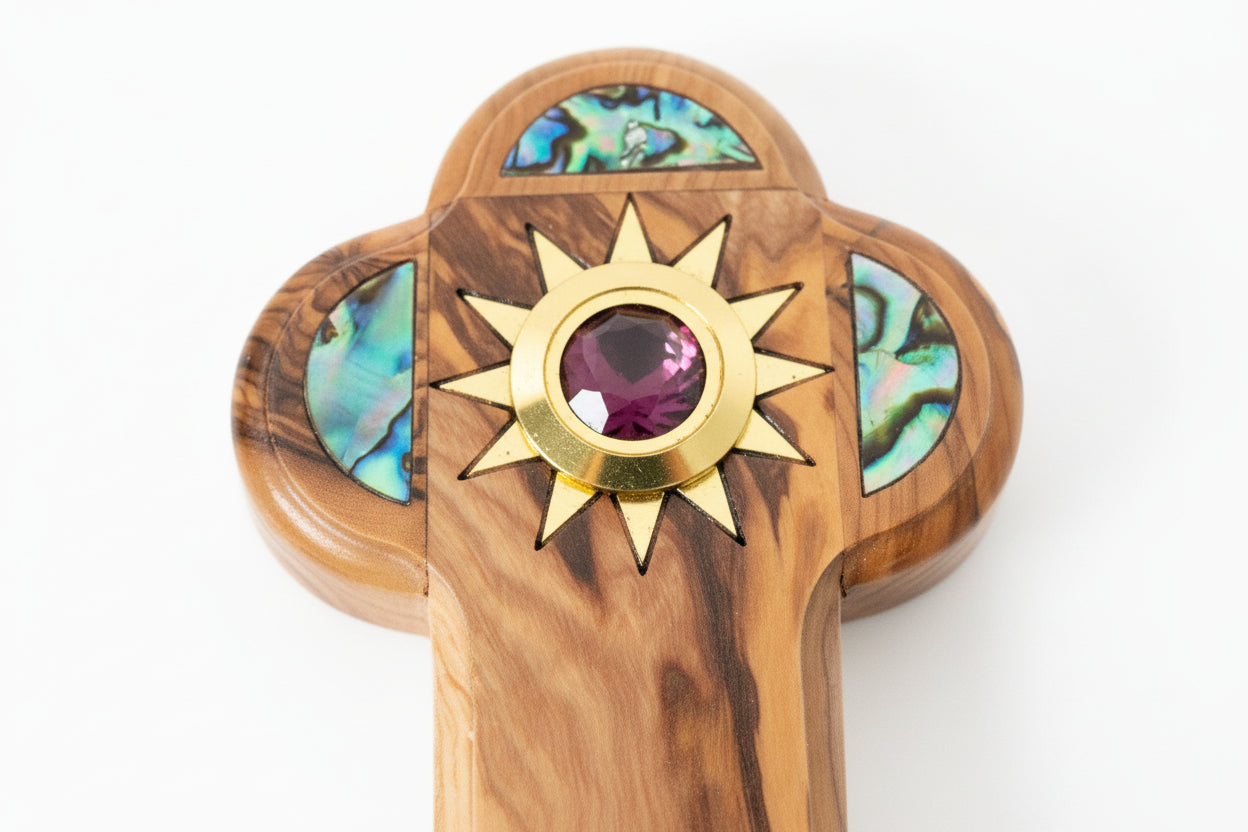 Olive Wood Cross: Mother of Pearl Inlay, Holy Land Relics