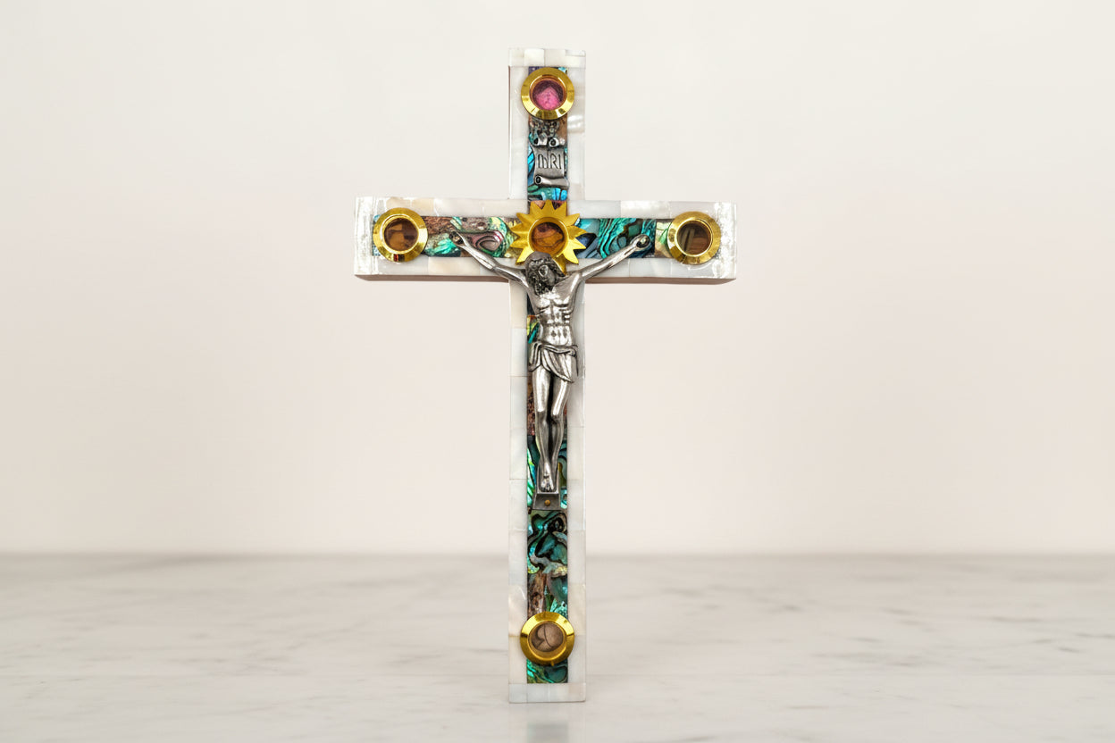 Mother of Pearl Crucifix: Olive Wood Wall Cross with Holy Land Relics