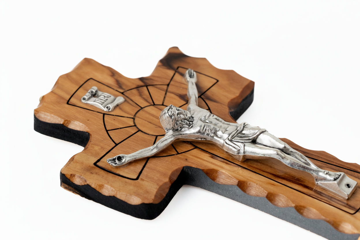 Handmade Olive Wood Crucifix with Holy Water Holder, Religious Gift