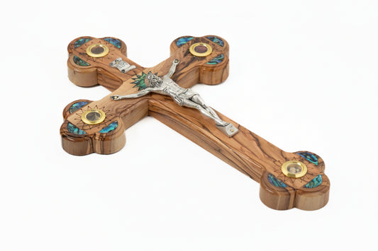 Olive Wood Cross: Mother of Pearl Inlay, Holy Land Relics