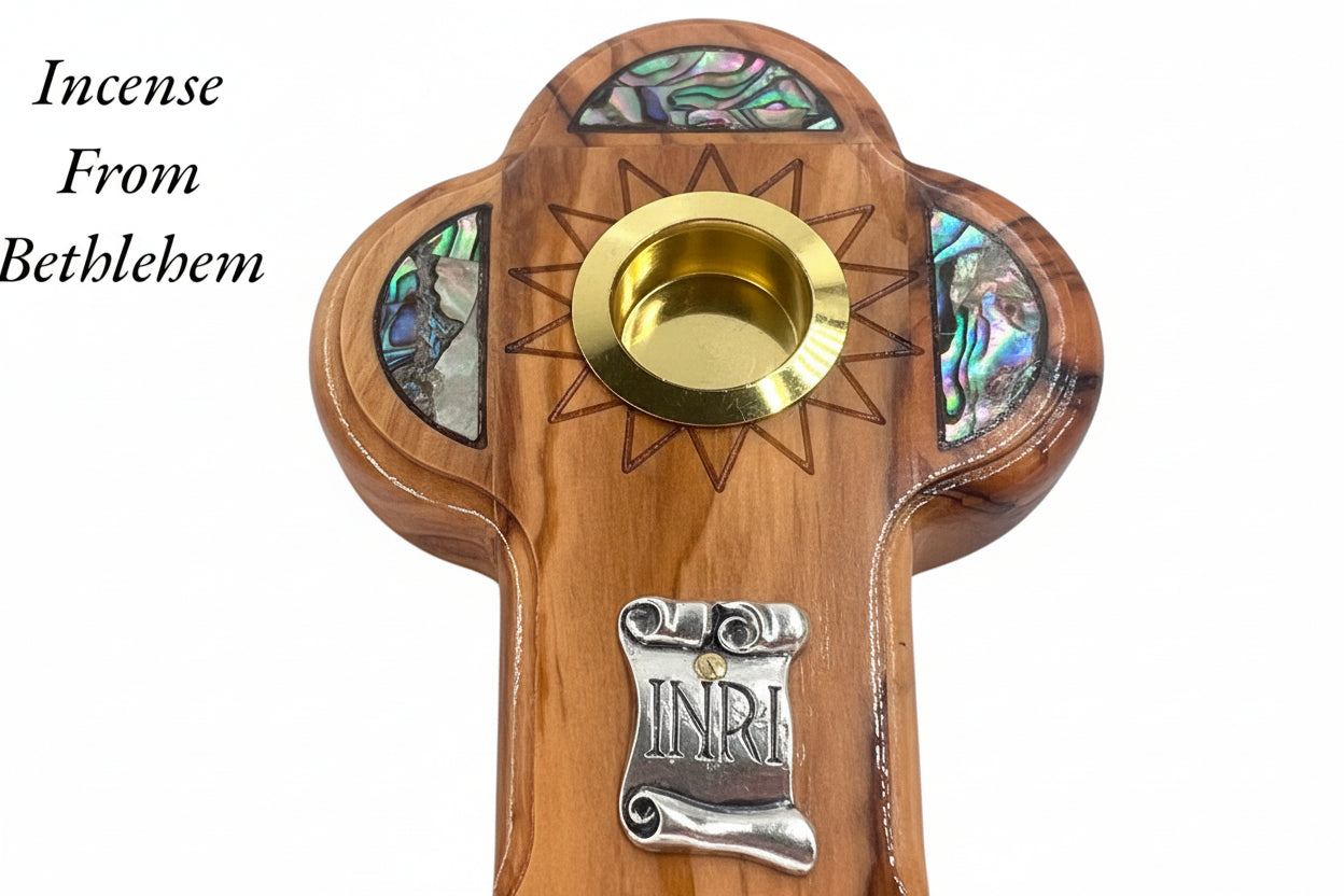 Handmade Holy Land Standing Crucifix, Mother of Pearl Inlay, Olive Wood Catholic Gift.