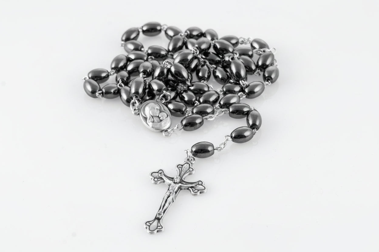 Hematite Catholic Rosary with Holy Land Soil, Jerusalem