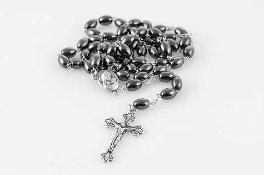 Hematite Catholic Rosary with Holy Land Soil, Jerusalem