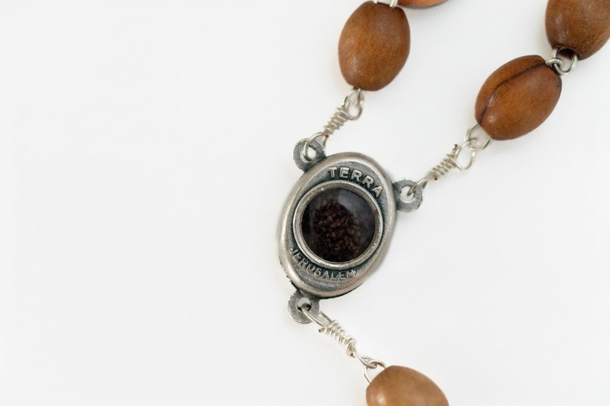 Handmade Olive Wood Rosary, Catholic Gift from Holy Land, Wooden Prayer Beads with Soil