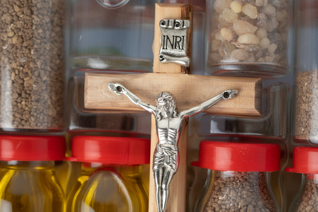 Holy Land Gift Set: Olive Wood Cross, Soil, Water, Oil, Incense