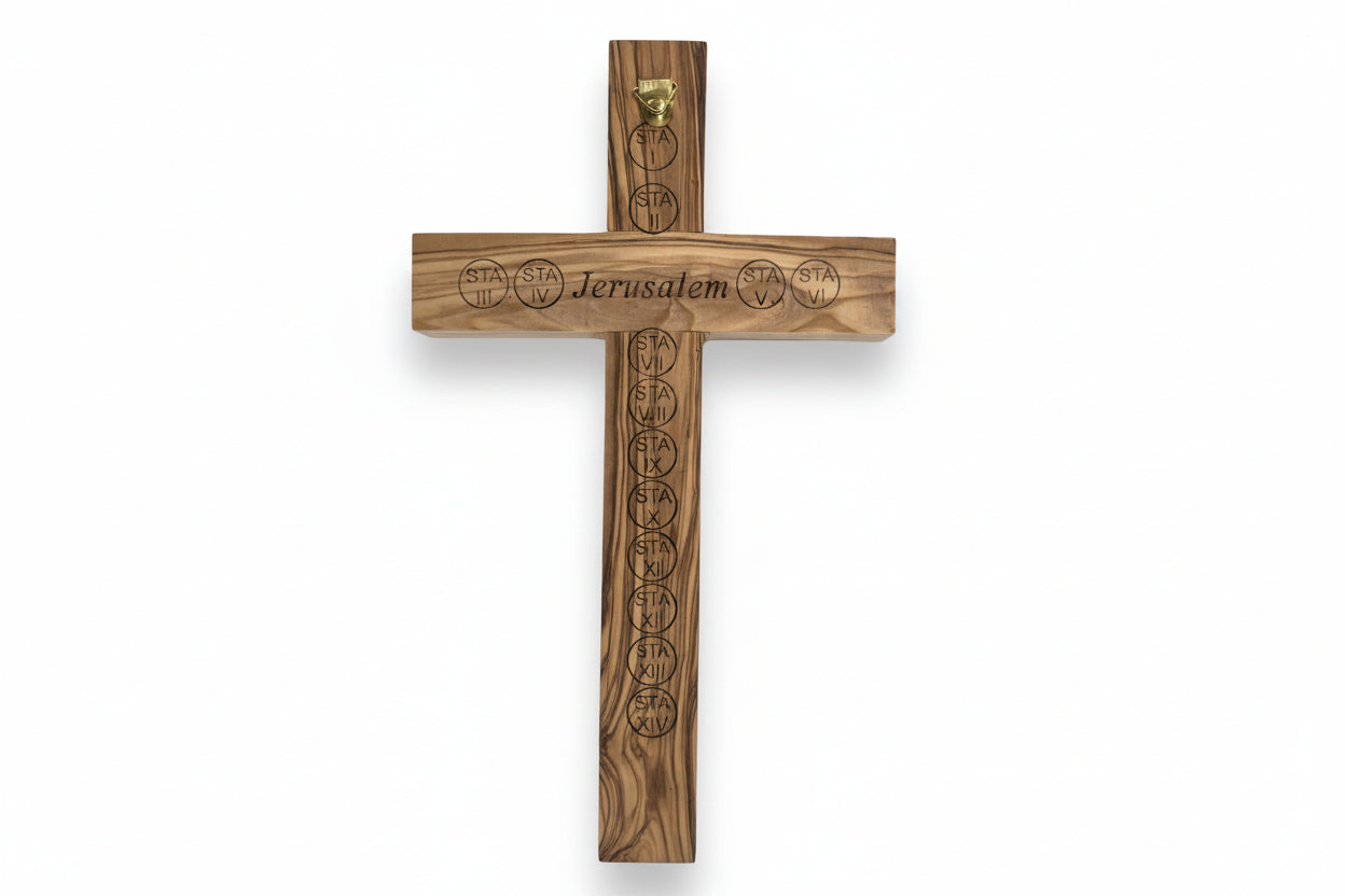 Mother of Pearl Crucifix: Olive Wood Wall Cross with Holy Land Relics