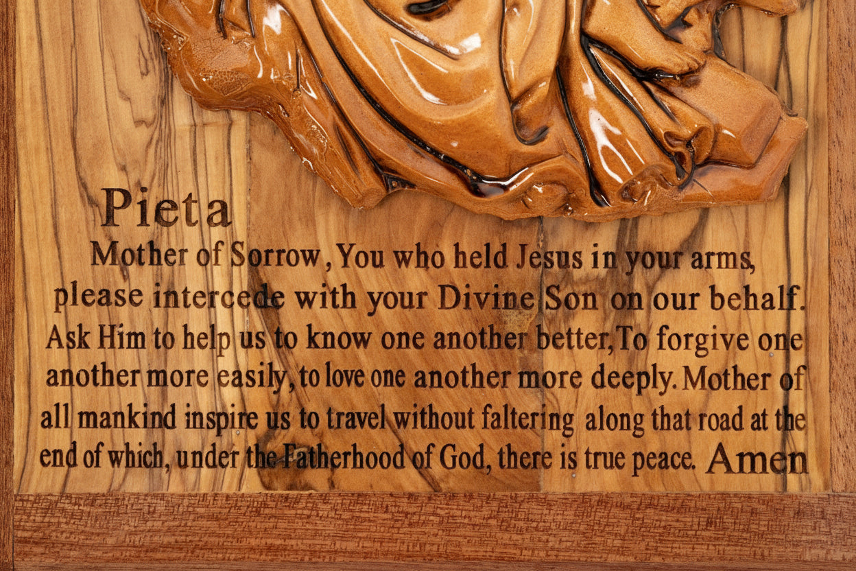 Olive Wood Pieta Plaque , Hand Carved Religious Wall Art, Holy Land Gift 12x8.5in