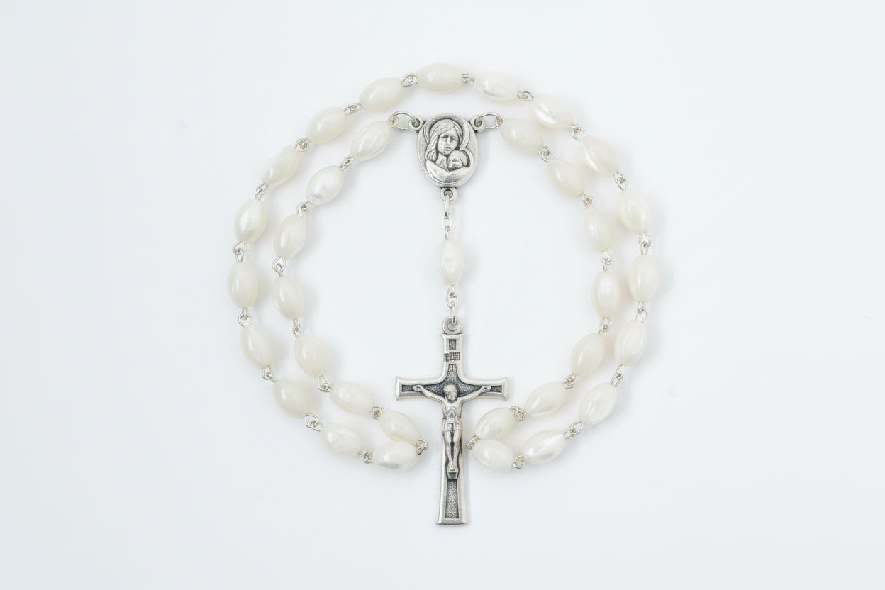 Pearl Rosary Bead Necklace Catholic Gift Mother of Pearl Beads Necklace Catholic Jewelry Traditional Catholic Wedding Gift Catholic Rosary