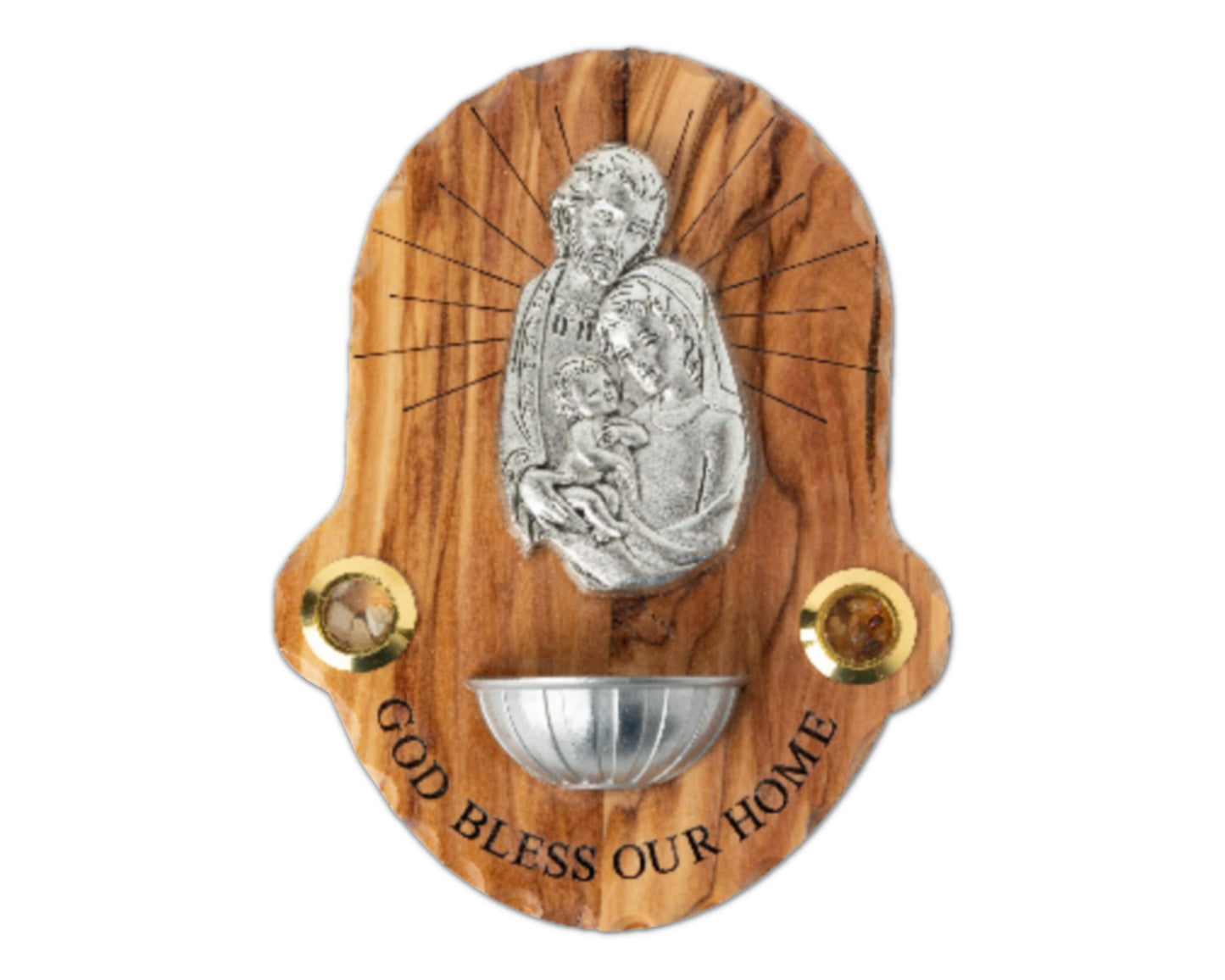 Olive Wood Holy Family Plaque with Holy Water Holder