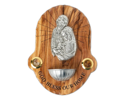 Olive Wood Holy Family Plaque with Holy Water Holder