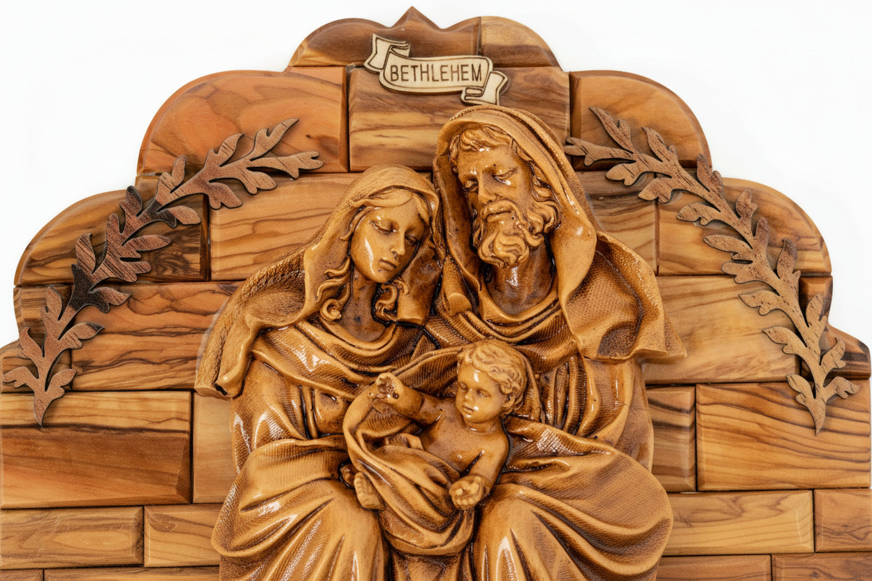 Holy Family Plaque, Handmade Olive Wood, Religious Home Decor