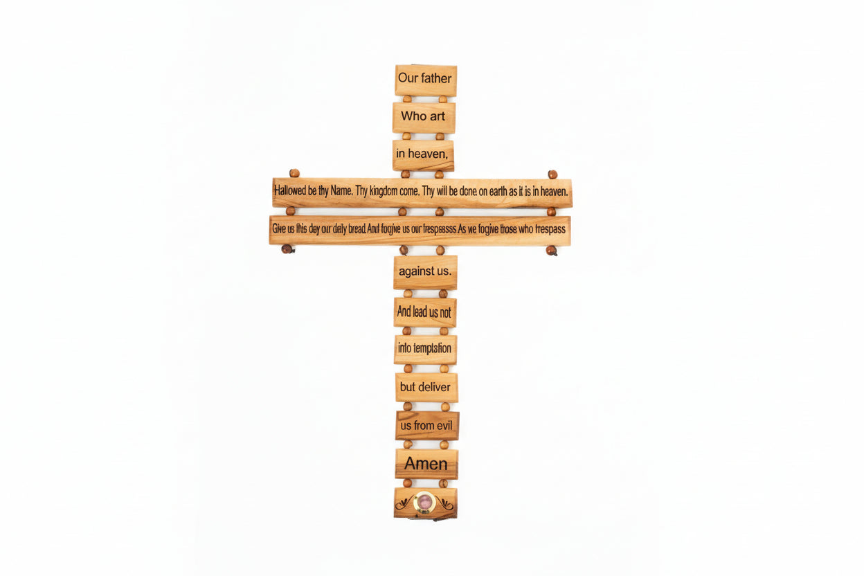 Olive Wood Cross with Lord's Prayer, Handmade Jerusalem Wall Decor