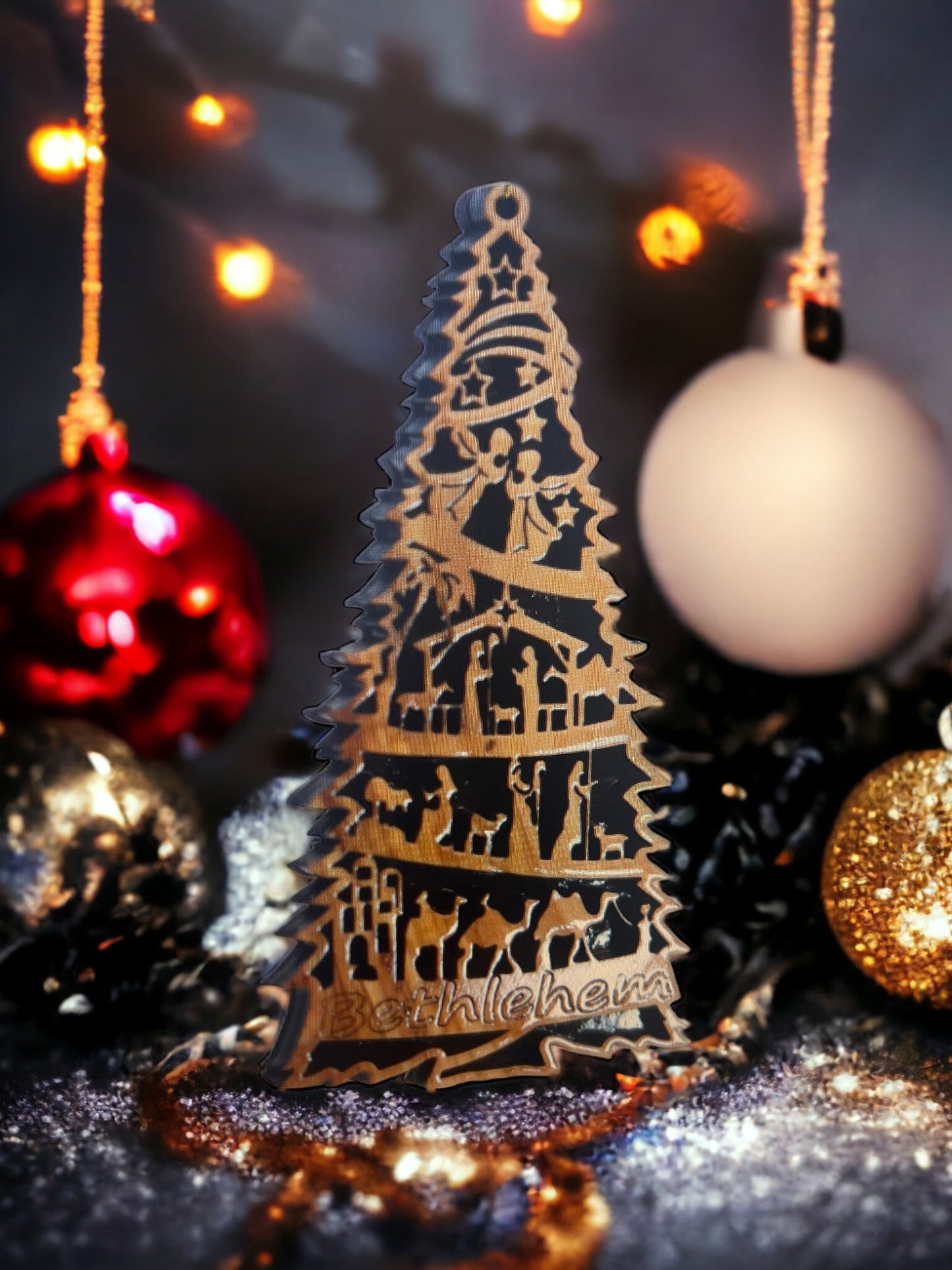 Christmas Tree Ornament Christmas Gift Olive Wood Christmas Ornaments Laser Cut Christmas Tree with Nativity Scene Christmas Gift Ideas